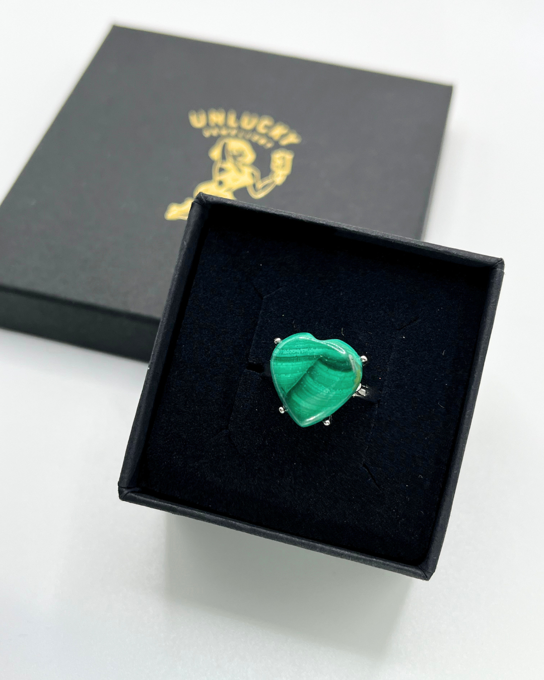 Malachite Gemstone Ring close up box