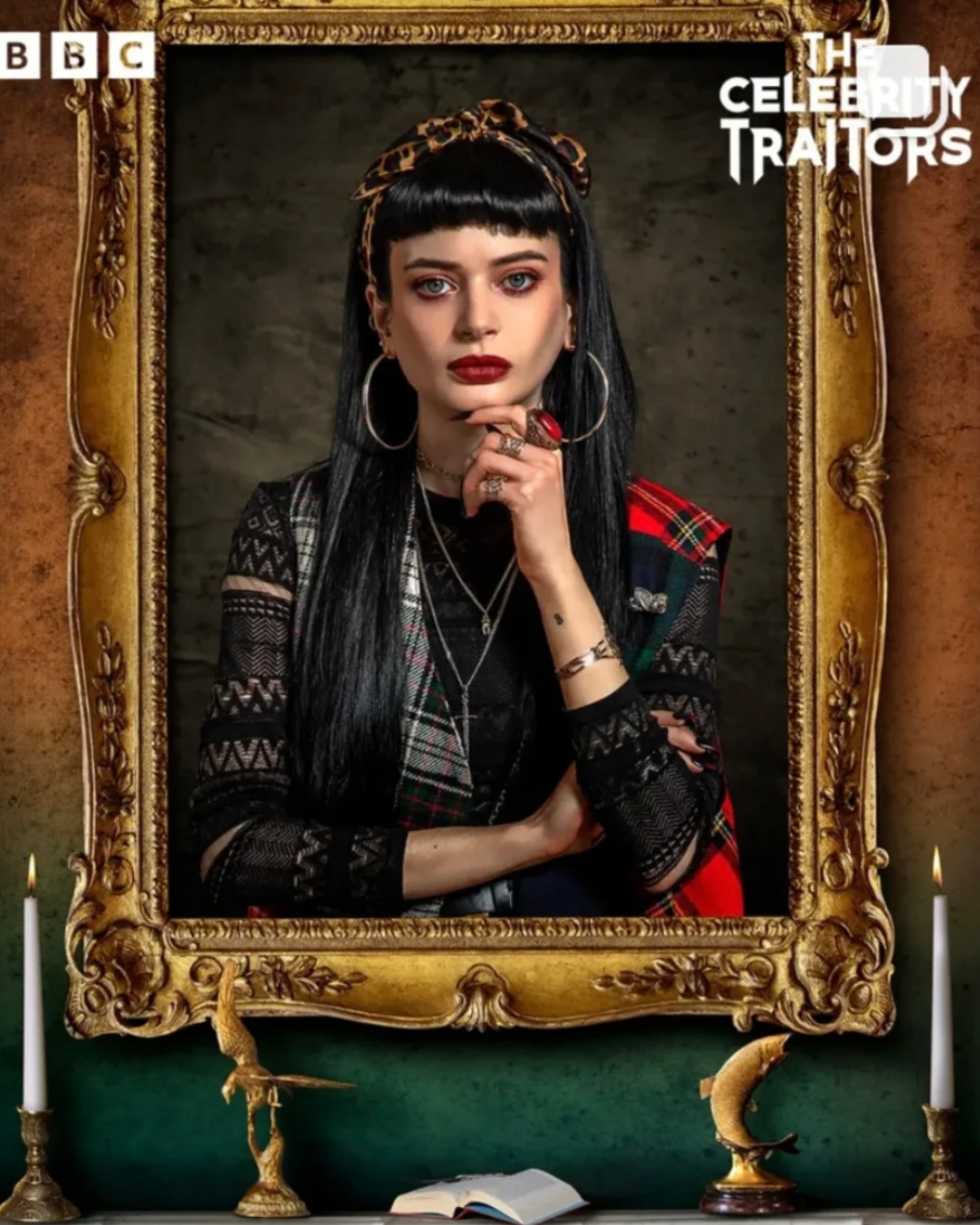 Actress Ruth Codd wearing the Et Tu Brute? dagger and skull necklace in a promotional photo for BBC's The Celebrity Traitors